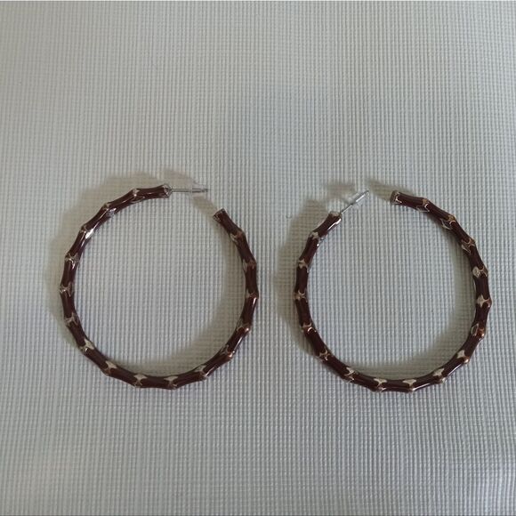 Dark Brown Enamel & Silver Toned Bamboo Style Thin Metal Hoop Fashion Earrings - Picture 3 of 8
